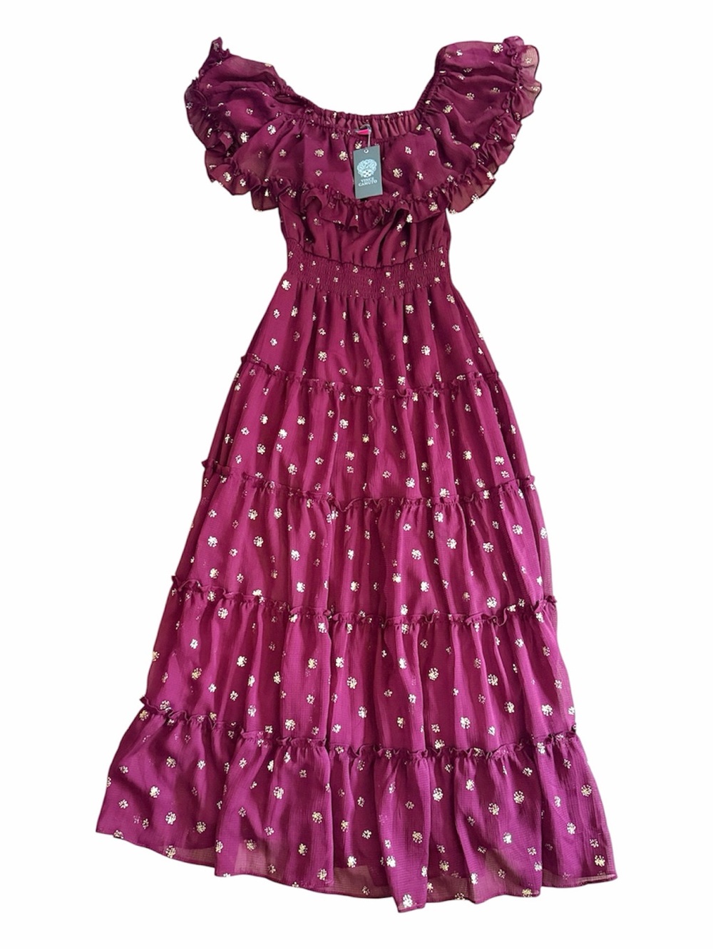 Vince Camuto Metallic Clip Dot Tiered Maxi Dress Cranberry Off Shoulder NWT